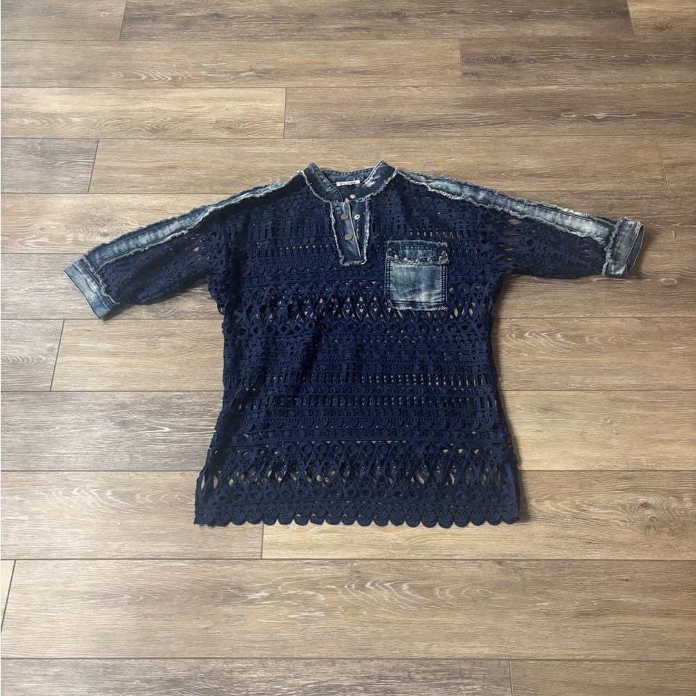 Adore Top Sz L Denim Jean Crochet Lagenlook Artsy Distressed Rock Streetwear